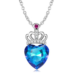 Blue Heart Shape Crystal Crown Silver Necklace