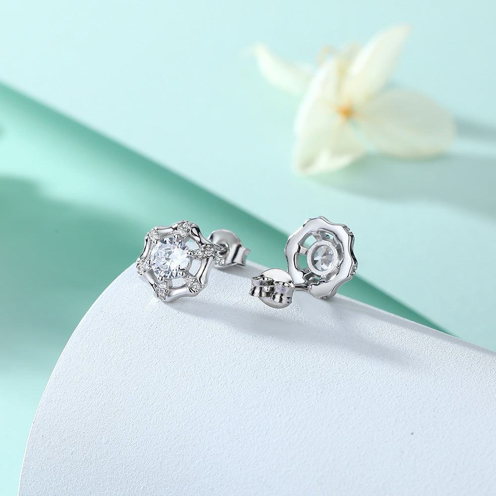 Round Zircon Bamboo Circle Silver Studs Earrings for Women