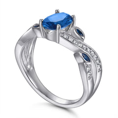 Blue Oval Zircon with Hollow Pattern Silver Ring for Women