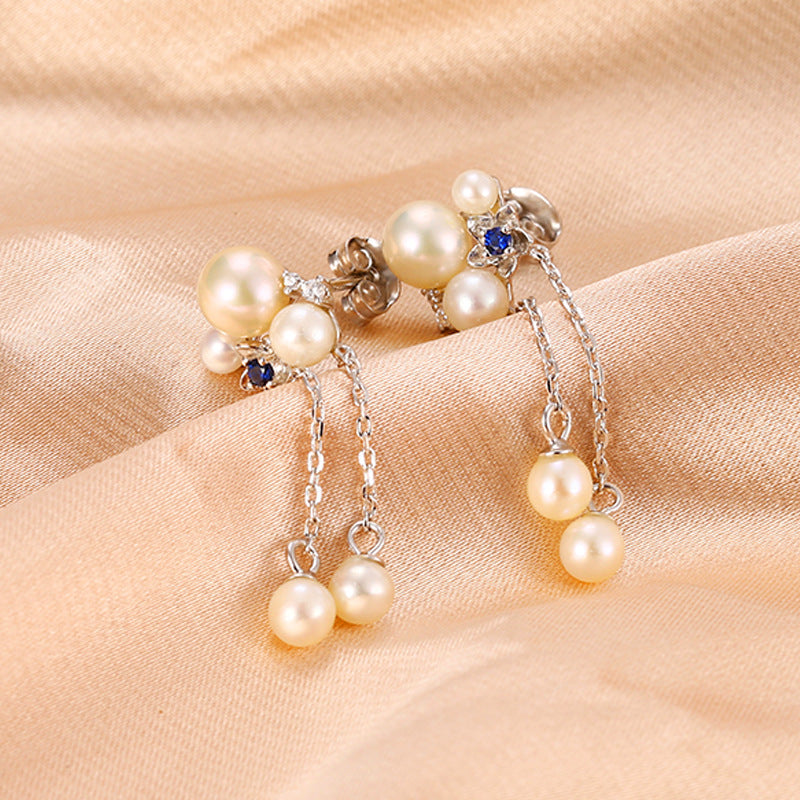 Natural Freshwater Pearl Long Tassel Silver Drop Earrings for Women