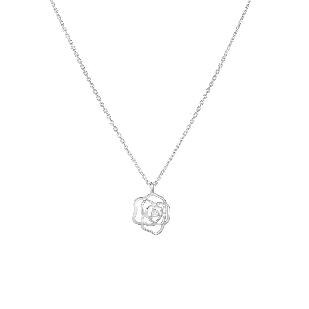 Retro Hollow out Rose pendant Silver Necklace