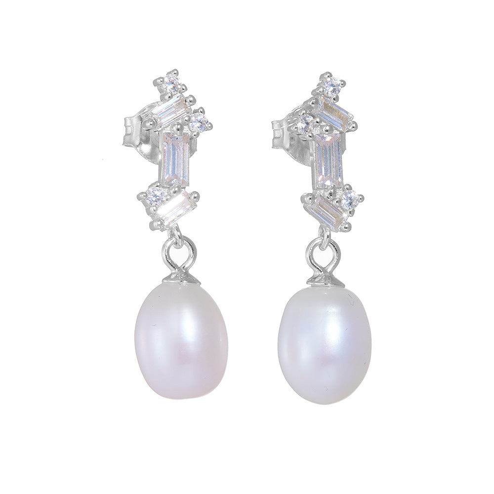 Retro Freshwater Pearl Rectangle Zircon Sterling Silver Drop Earrings