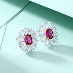 Oval Purple Zircon Flower Shape Silver Studs Earrings for Women