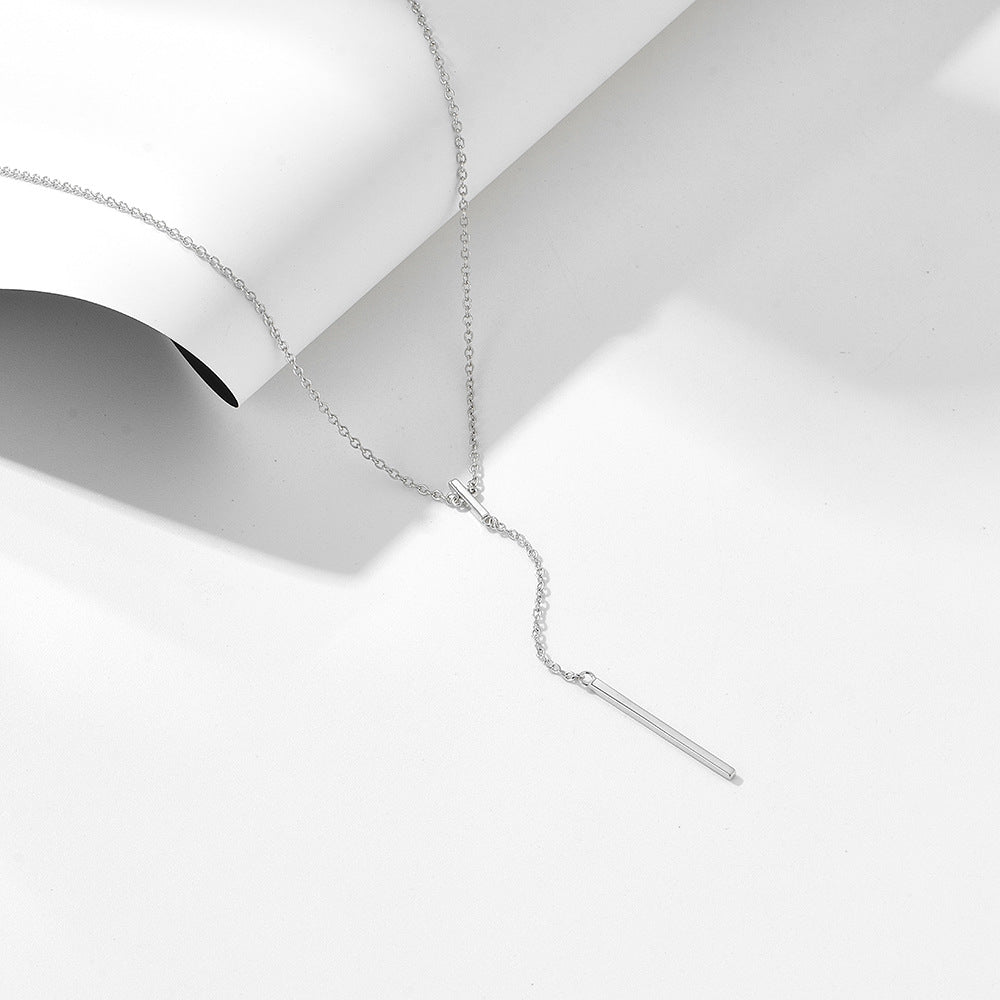 Simple Rectangle Stripe Pendant Tassel Silver Necklace