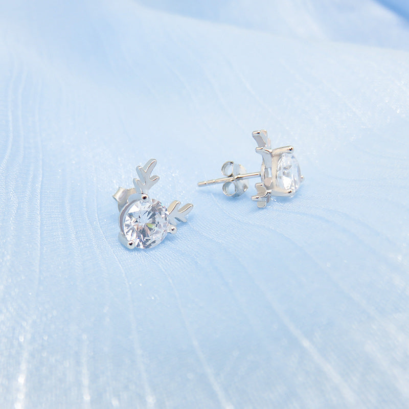 Round Zircon Antlers Silver Stud Earrings