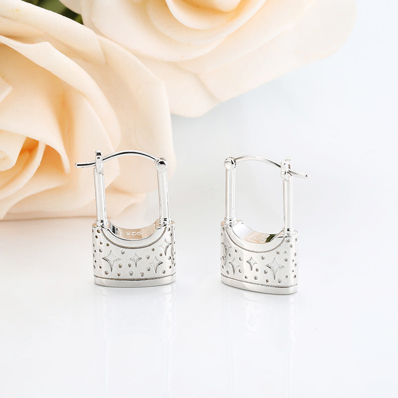 Star Pattern Lock with Zircon Silver Drop Earrings for Women