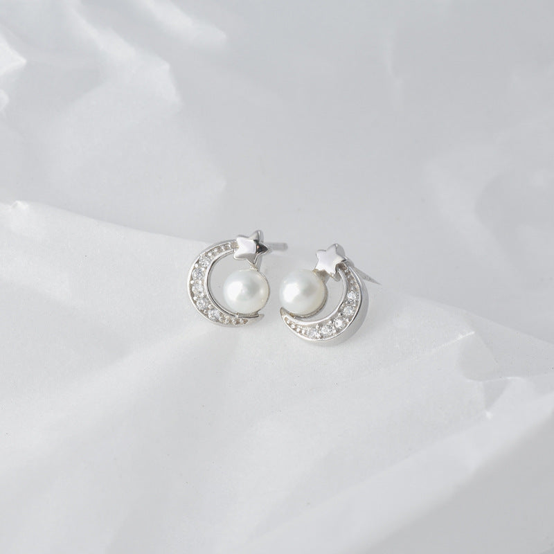 Zircon Moon Star with Freshwater Pearl D Shape Silver Stud Earrings for Women