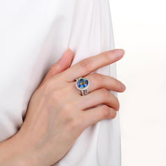 Natural Gemstone Soleste Halo Cathedral Silver Ring for Women