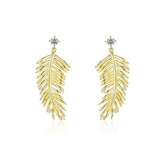 Leaf with Zircon Silver Drop Earrings for Women