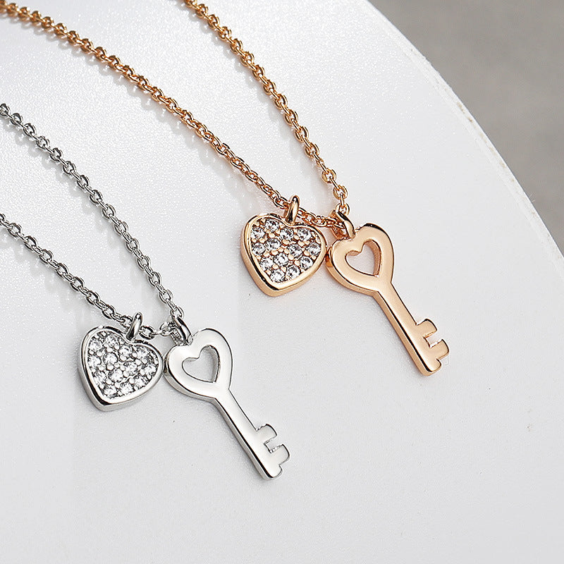 Zircon Heart with Key Silver Necklace for Women