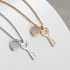 Zircon Heart with Key Silver Necklace for Women