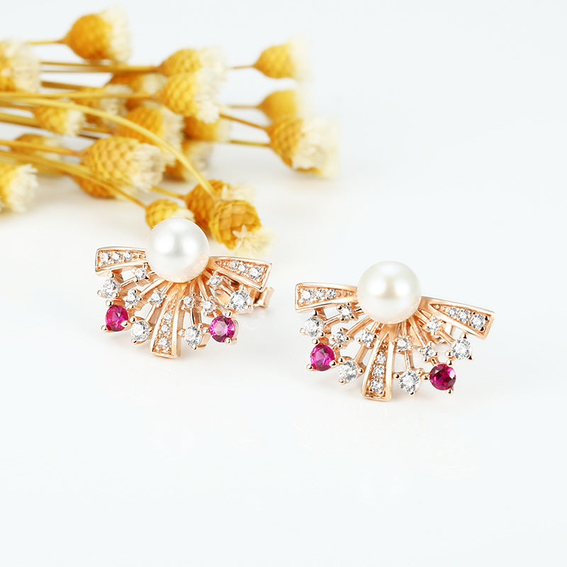 Zircon Fan with Freshwater Pearl Silver Studs Earrings for Women