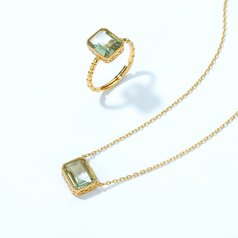 Rectangle Synthetic Green Amethyst Pendant Sterling Silver Necklace