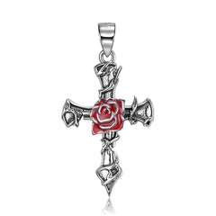 Thorns Rose Cross Pendant Silver Necklace