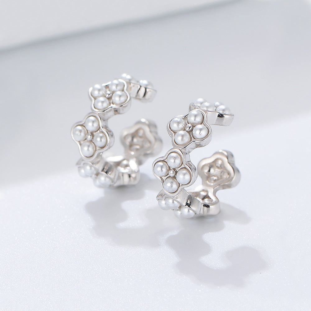 Beading Flower Pearl Silver Ear Bone Clip Earrings for Women