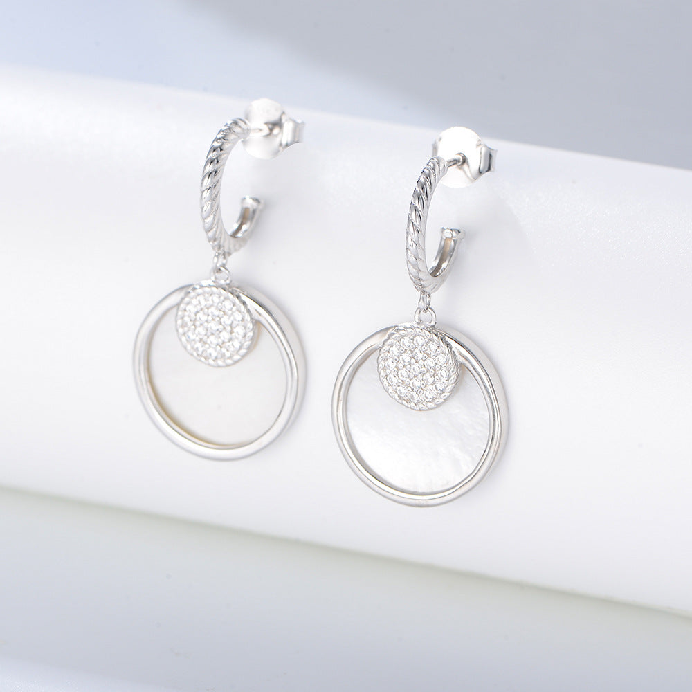 Mother of Pearl Geometric Circle with Zircon Silver Drop Earrings for Women