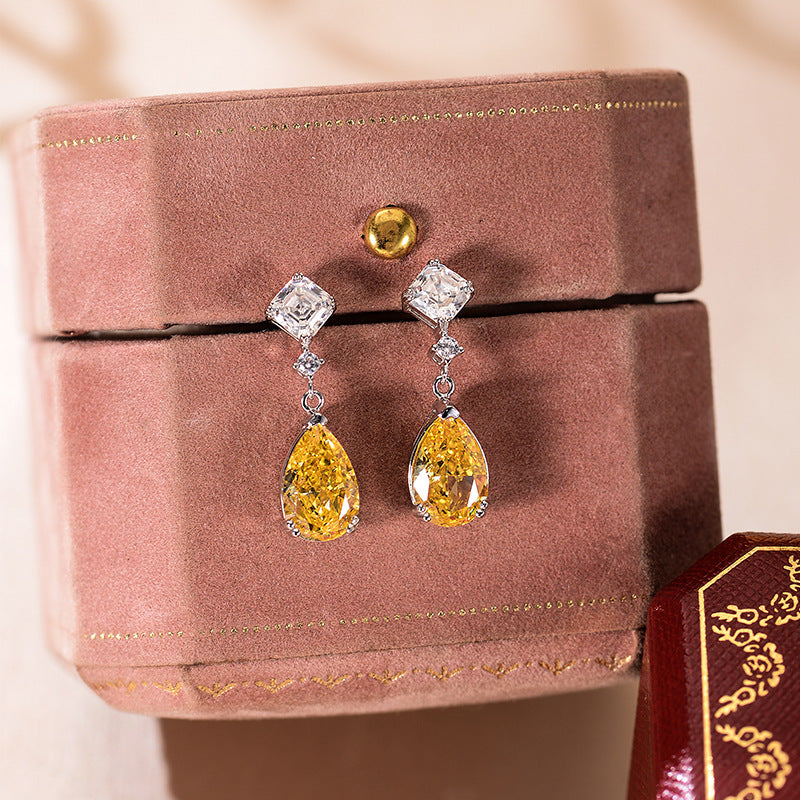 Yellow Pear Shape Zircon Silver Drop Earrings