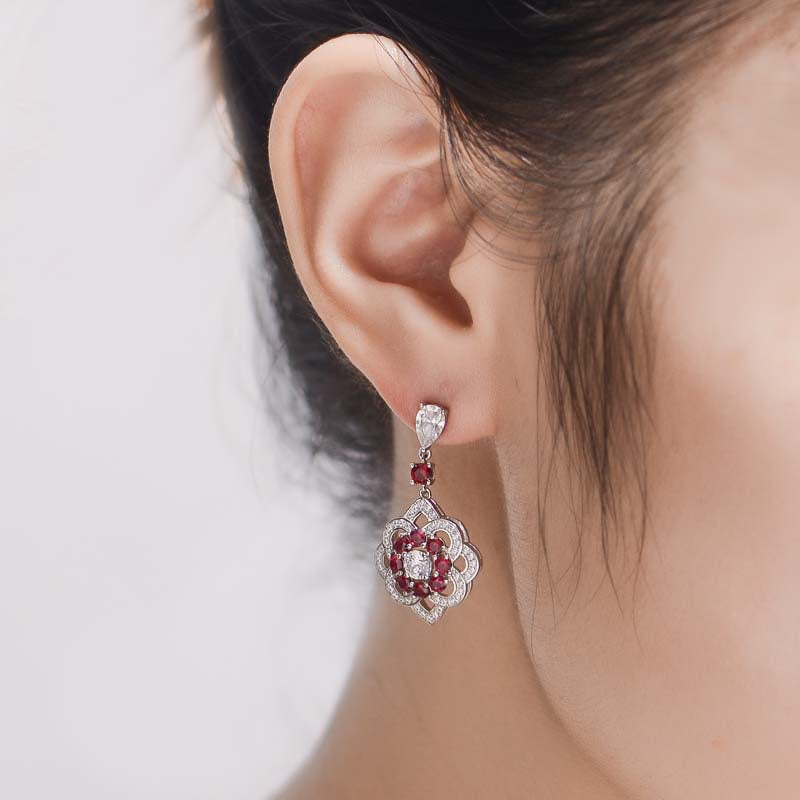 Lab-Created Ruby Flower Silver Drop Earrings