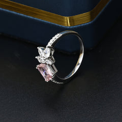 7*5mm Barbie Pink Zircon with Flower Silver Ring for Women