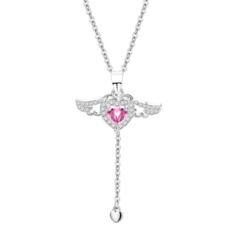 (Two Colours) Zircon Heart with Wings Pendants 925 Silver Collarbone Necklace for Women