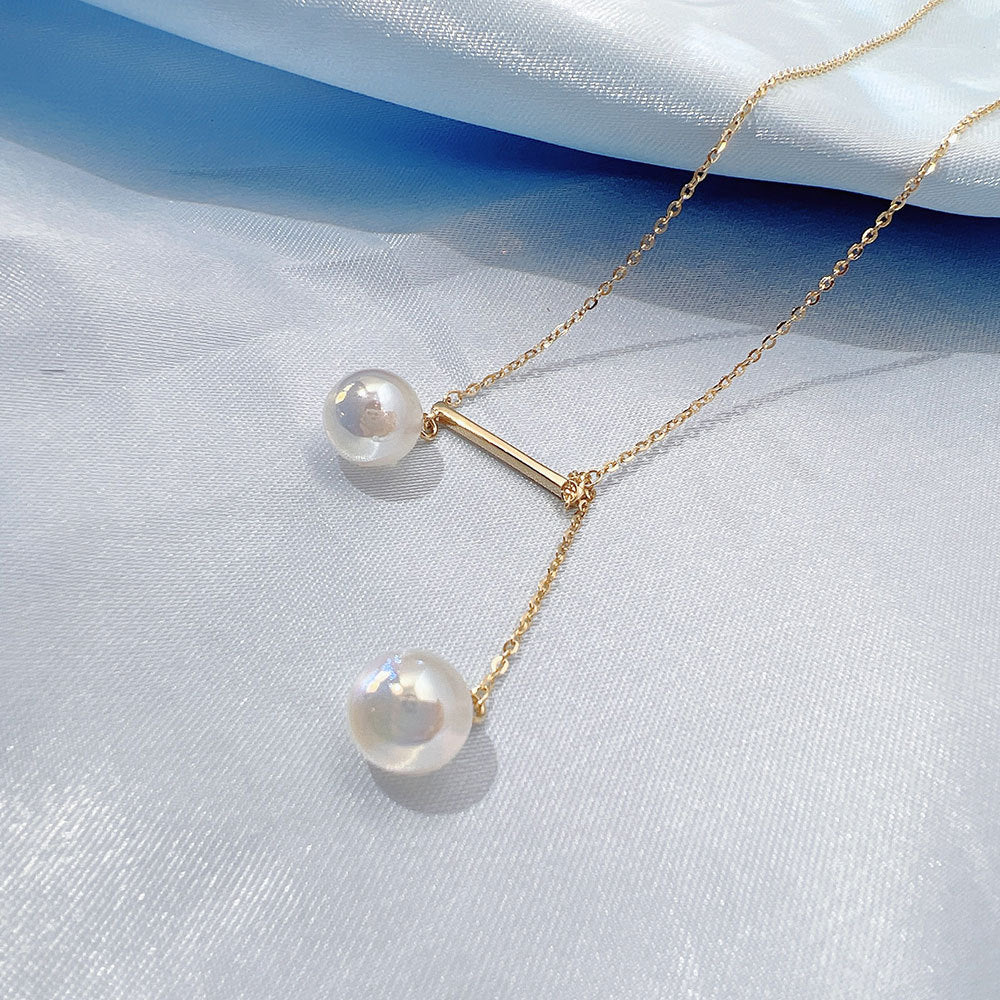 Gold Colour Double Pearls Dissymmetric Pendants Collarbone Necklace for Women