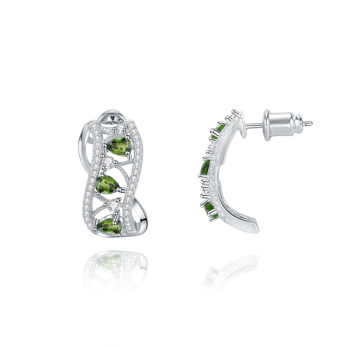 C Shape Wave Natural Diopside Silver Stud Earrings