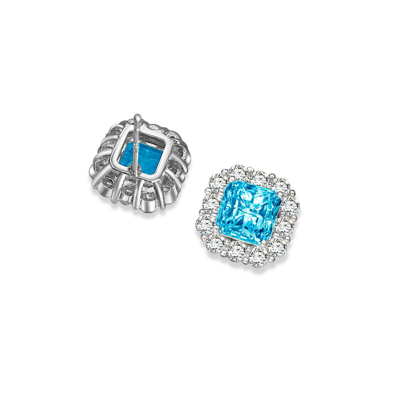 Halo Princess Cut Blue Zircon Studs