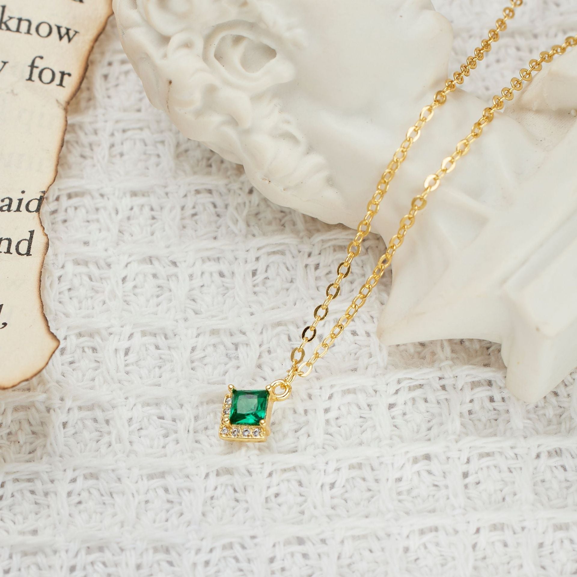 Green Zircon Square Pendant Silver Necklace for Women