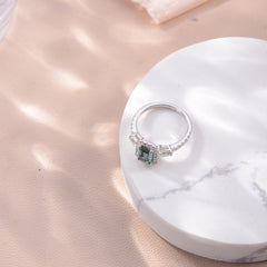 Stylish Soleste Halo 1.0 Carat Emerald Cut Green Moissanite Silver Ring