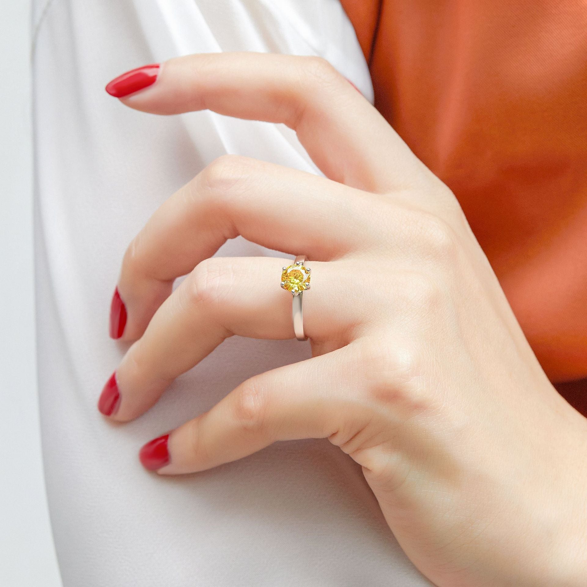 Yellow Zircon Six Prongs Solitaire Silver Ring