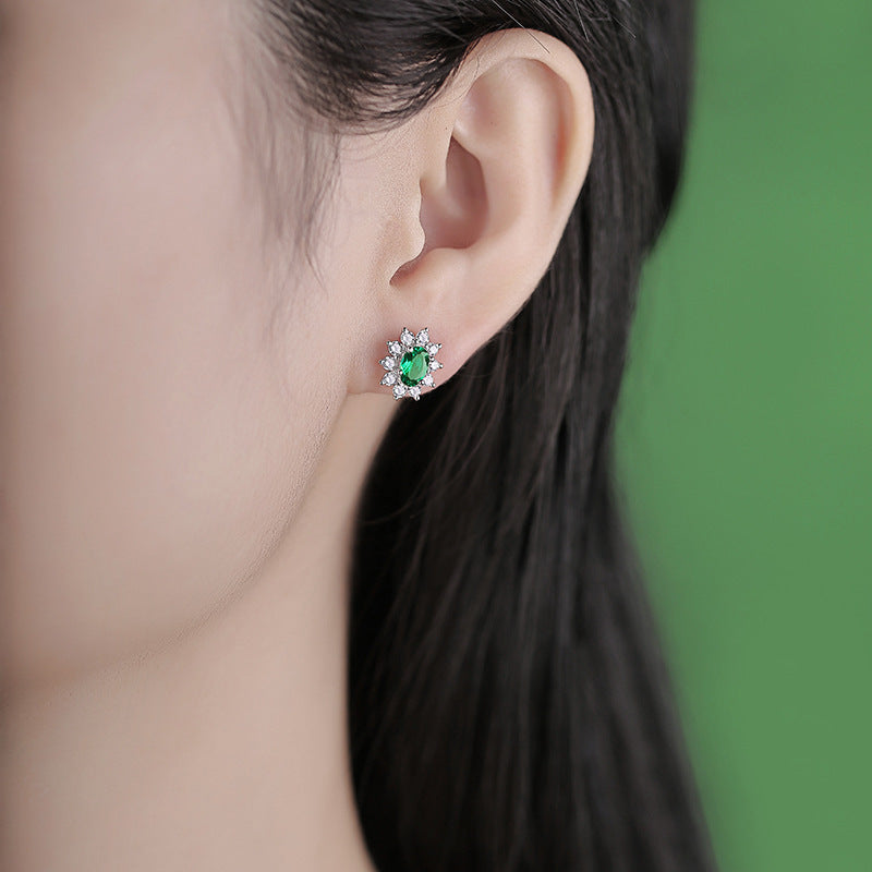 1.0Carat Oval Lab-Created Emerald Stone Flower Stud Earrings