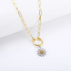 Zircon Daisy Flower with Circle Pendant Silver Necklace for Women