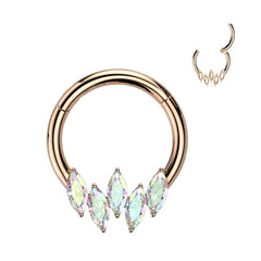 Surgical Steel Rose Gold PVD 5 Gem Marquise Aurora Borealis CZ Septum Daith Hinged Clicker Hoop