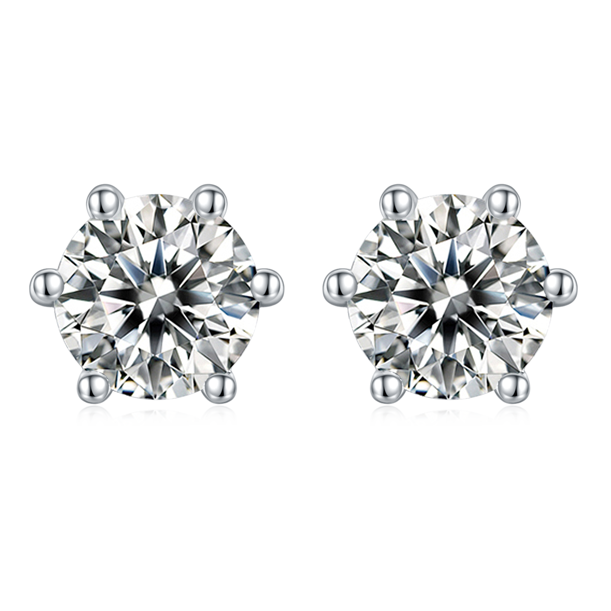 Classic Six Prongs Round Cut Moissanite Silver Earrings