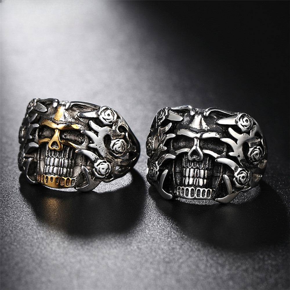 Halloween Rose Skull Titanium Steel Ring for Men