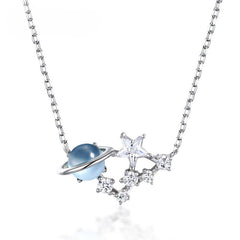 Round Blue Topaz Planet Zircon Stars Sterling Silver Necklace