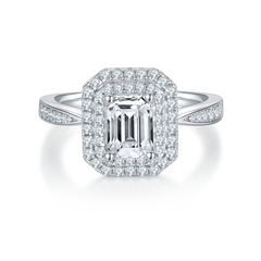 Double Soleste Halo Emerald Cut Moissanite Engagement Ring