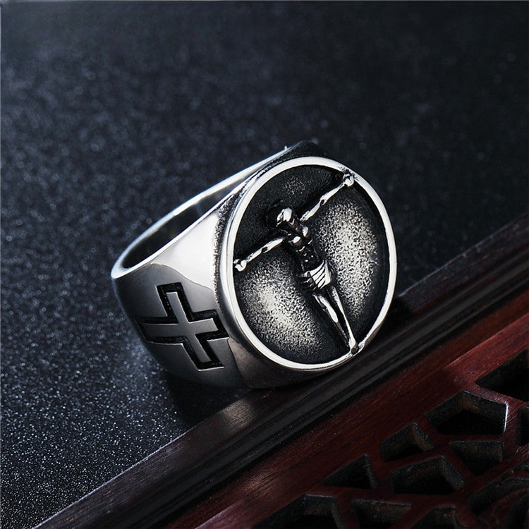 Jesus Crucifix Round Titanium Steel Ring for Men