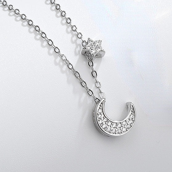 Zircon Moon Pendant with Star Silver Necklace for Women