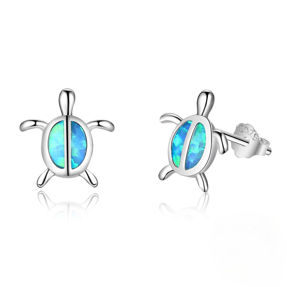 Blue Opal Little Turtle Sterling Silver Stud Earrings