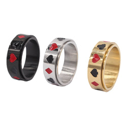 Spades, Hearts, Plum Blossoms Square Playing Card Pattern Titanium Steel Rotating Ring Cross border Jewelry