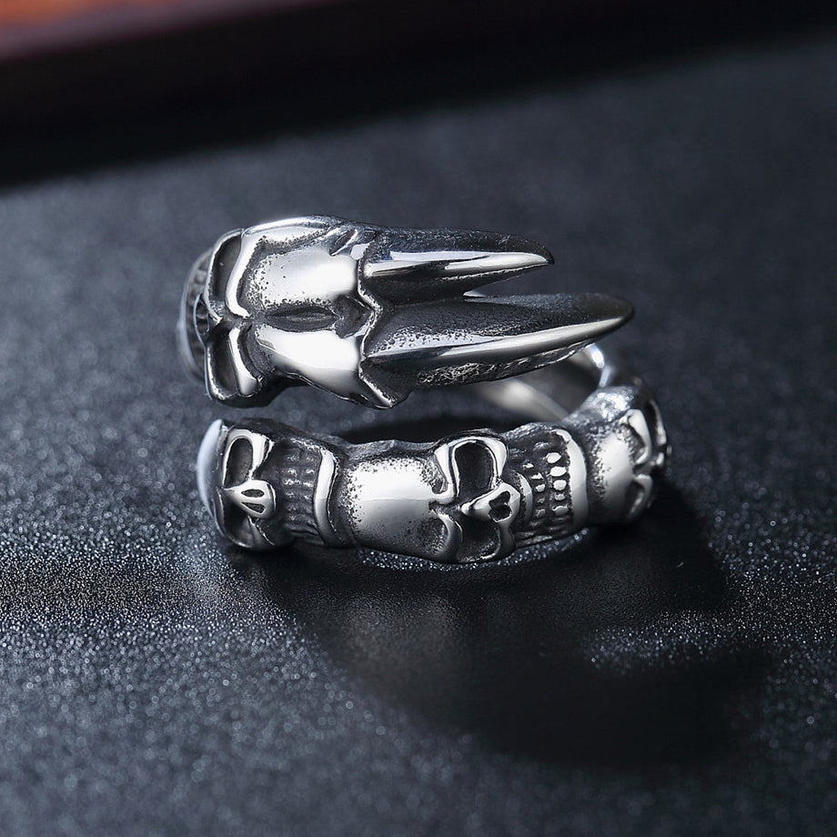 Halloween Double Horned Skull Titanium Steel Ring for Men