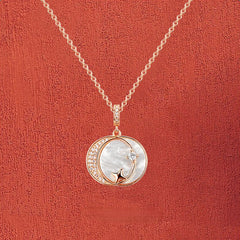 Mother of Pearl Round Disc with Circle Moon Star Silver Necklace for Women