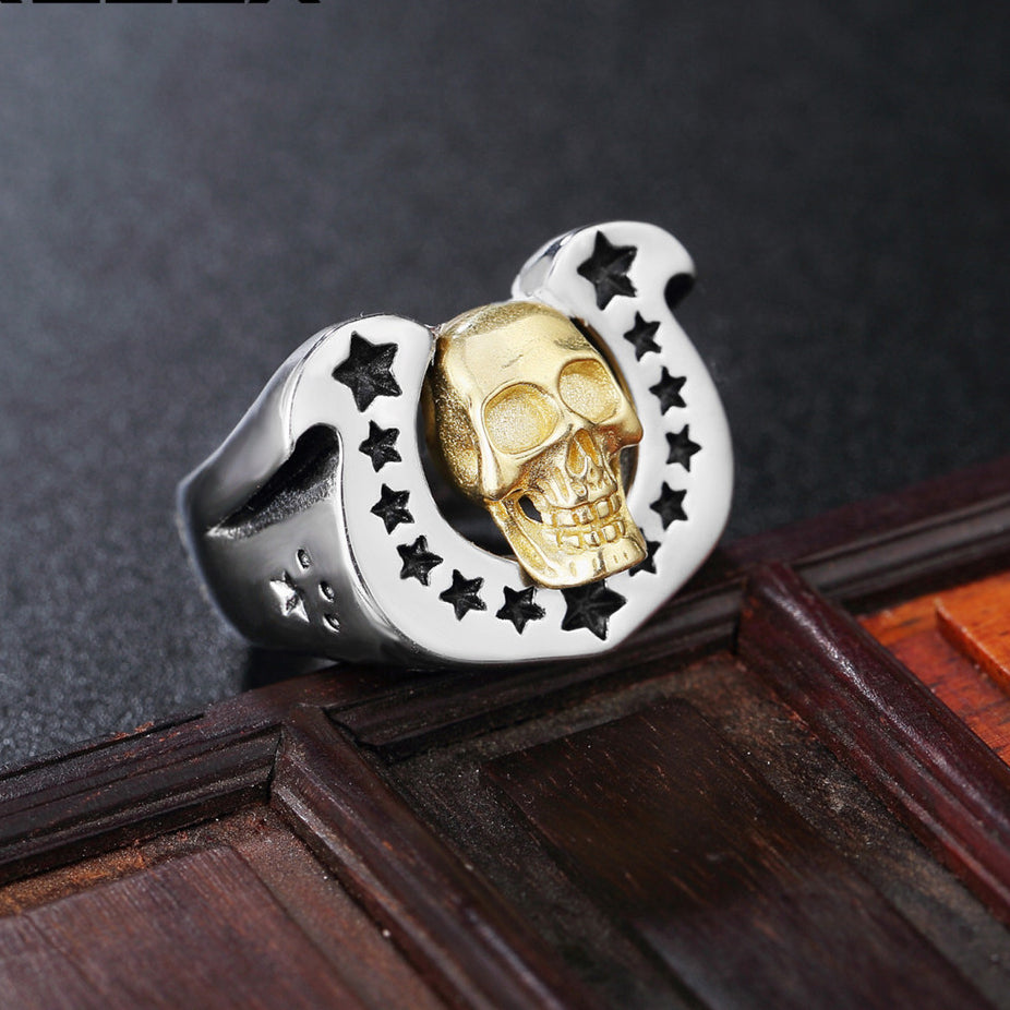 Halloween Horseshoe Golden Skull Head Titanium Steel Ring for Men