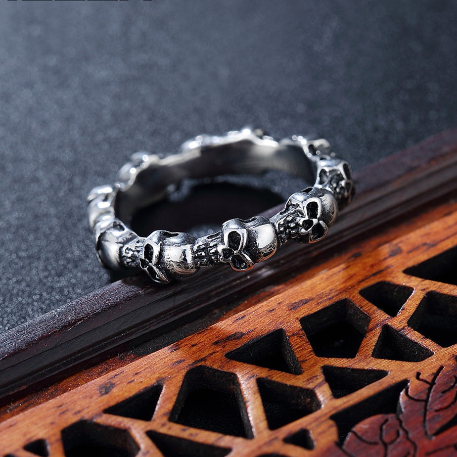 Halloween Beading Skull Heads Titanium Steel Ring for Men