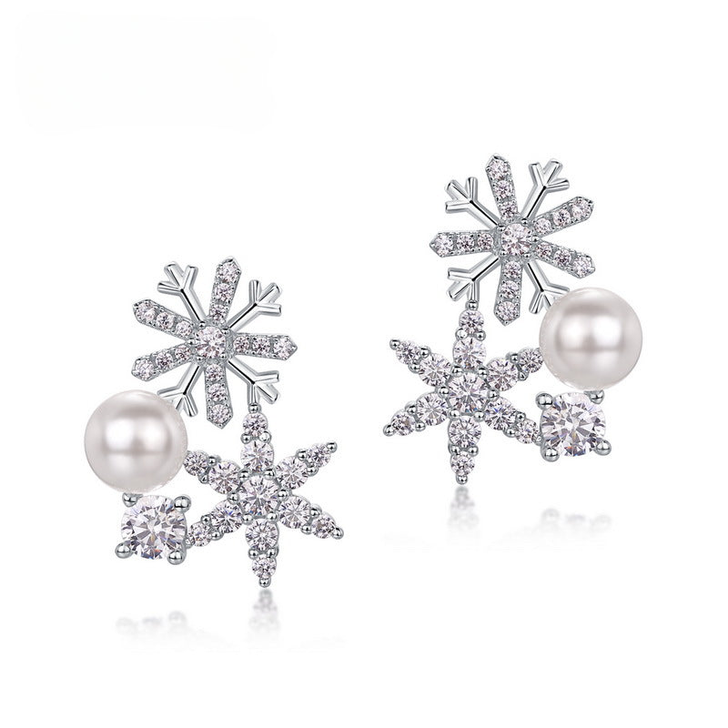 Zircon Pearl Snowflake Sterling Silver Stud Earrings