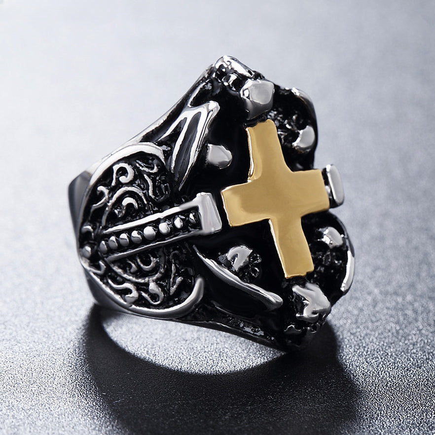 Halloween Skull Shield Greek Cross Titanium Steel Ring for Men