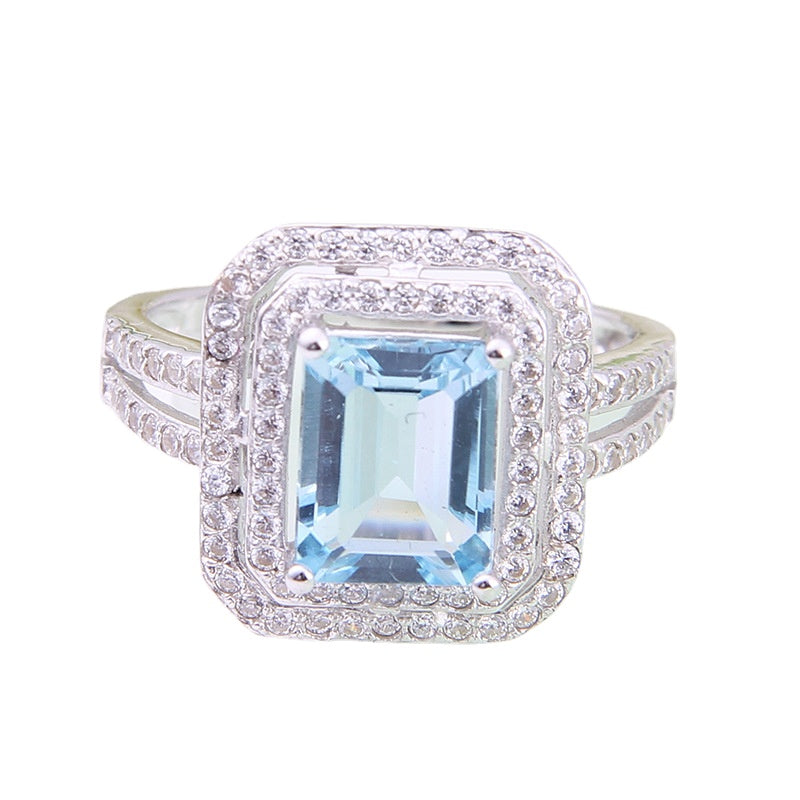 High-grade Temperament Natural Topaz Luxury Soleste Halo Square Sterling Silver Ring for Women