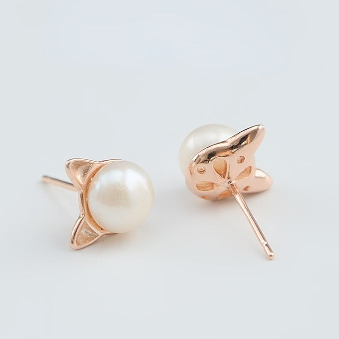 Pearl Little Cat Silver Stud Earrings for Women