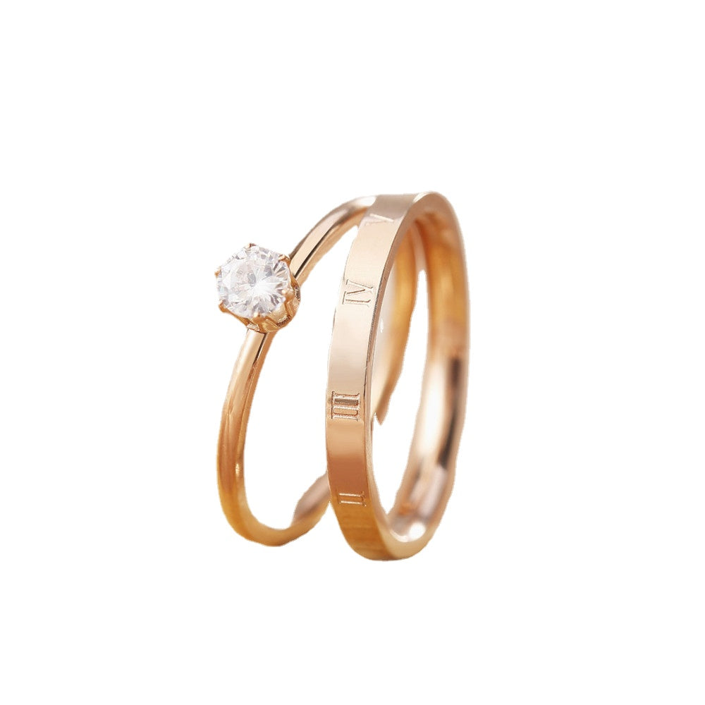 Summer Fashion Korean Edition Women's Rose Gold Small Ring Roman Digital Zircon Ring Joint Ring